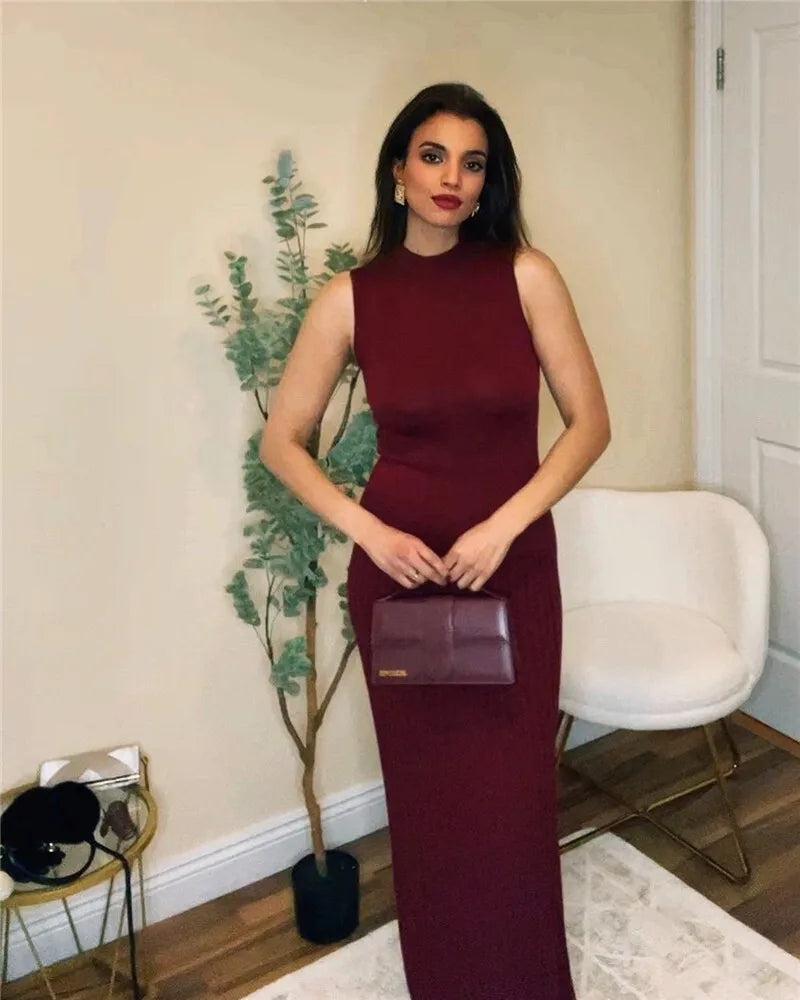 Half High Collar Sleeveless Knit Maxi Dress For Women Fashion Solid Bodycon Sexy Pleated Long Knitted Sweater Dress