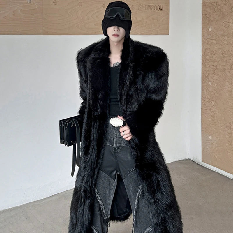 Winter Men's Faux Fur Coat Turn-down Collar Silhouette Solid Color Overknee Overcoats Simple Autumn New Trendy 24E5804