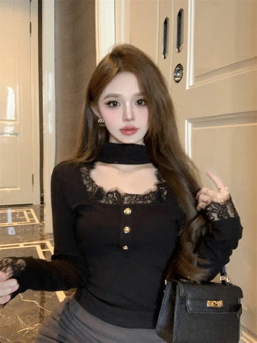 Patchwork Lace Elegant Sweet Tshirts Women Chic Sweet Y2k Slim Button Tees Square Collar Bottoming Vintage Long Sleeve Crop Top