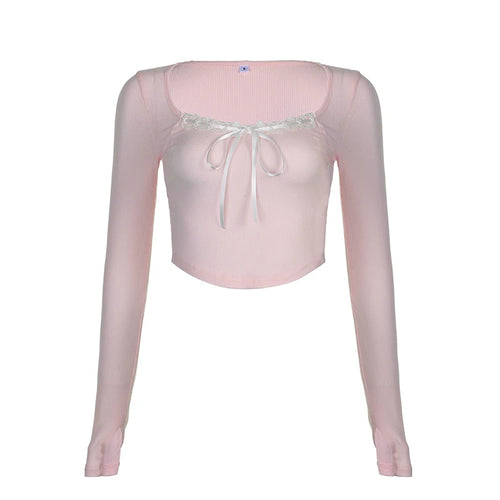 Load image into Gallery viewer, Coquette Pink Knit Autumn Tee Shirt Women Lace Trim Slim Korean Tops Short Front Tie-Up Cutecore Sweet T shirt Kawaii

