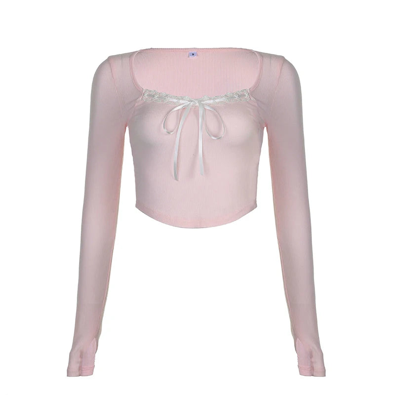 Coquette Pink Knit Autumn Tee Shirt Women Lace Trim Slim Korean Tops Short Front Tie-Up Cutecore Sweet T shirt Kawaii