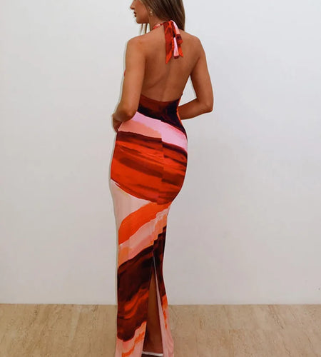 Halter Deep V Neck Print Sexy Maxi Dress For Women Fashion Lace-up Sleeveless Backless Bodycon Printed Long Dress