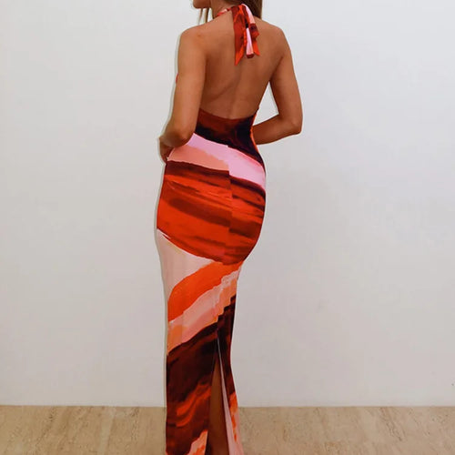 Load image into Gallery viewer, Halter Deep V Neck Print Sexy Maxi Dress For Women Fashion Lace-up Sleeveless Backless Bodycon Printed Long Dress
