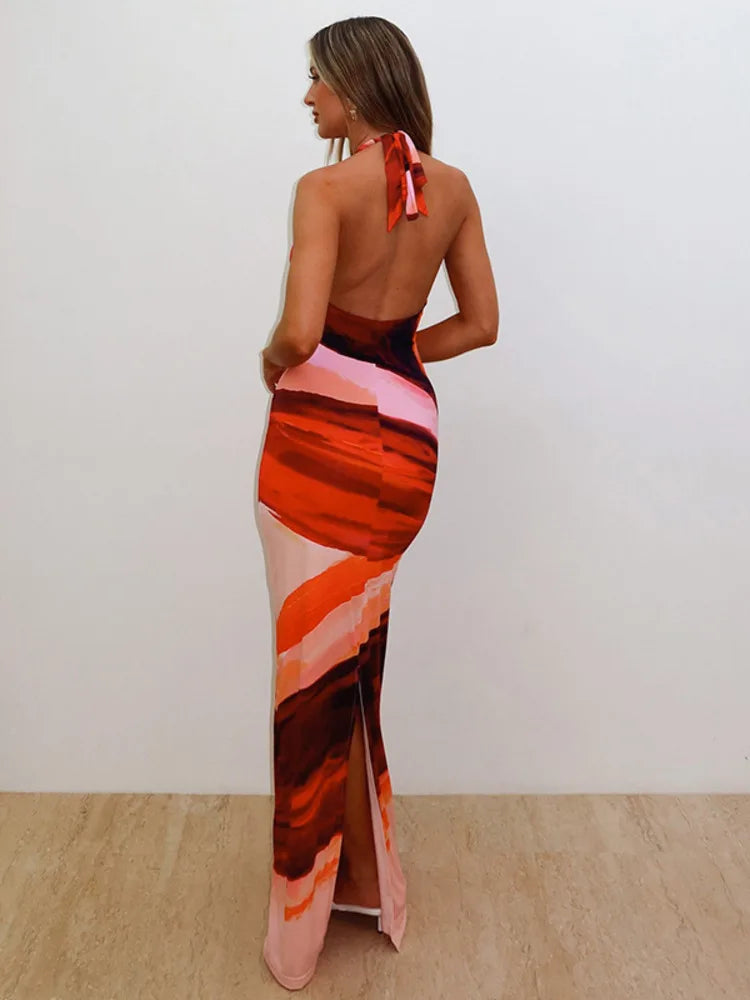 Halter Deep V Neck Print Sexy Maxi Dress For Women Fashion Lace-up Sleeveless Backless Bodycon Printed Long Dress