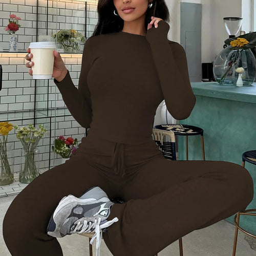 Load image into Gallery viewer, Women Casual 2 Pcs Sets Solid Long Sleeve Slim Crop T-Shirt Bandage Flare Pants Fall Y2K Outfits Streetwear Work Out
