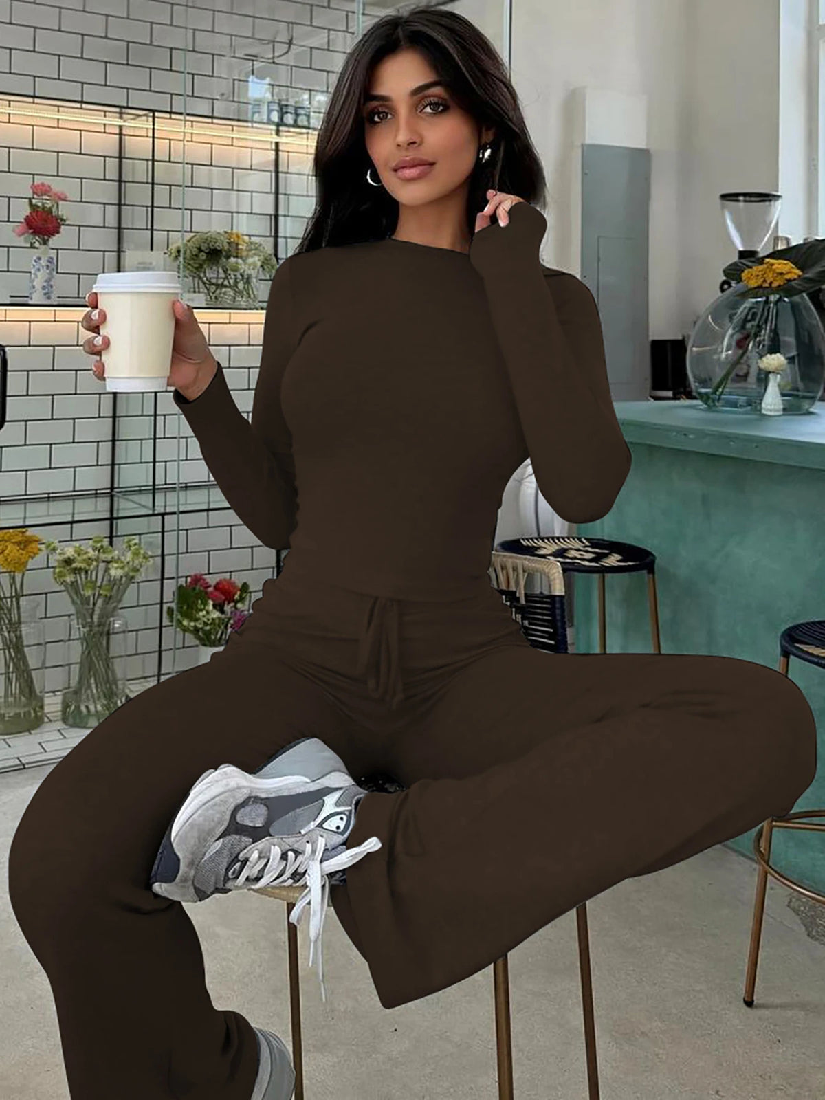 Women Casual 2 Pcs Sets Solid Long Sleeve Slim Crop T-Shirt Bandage Flare Pants Fall Y2K Outfits Streetwear Work Out