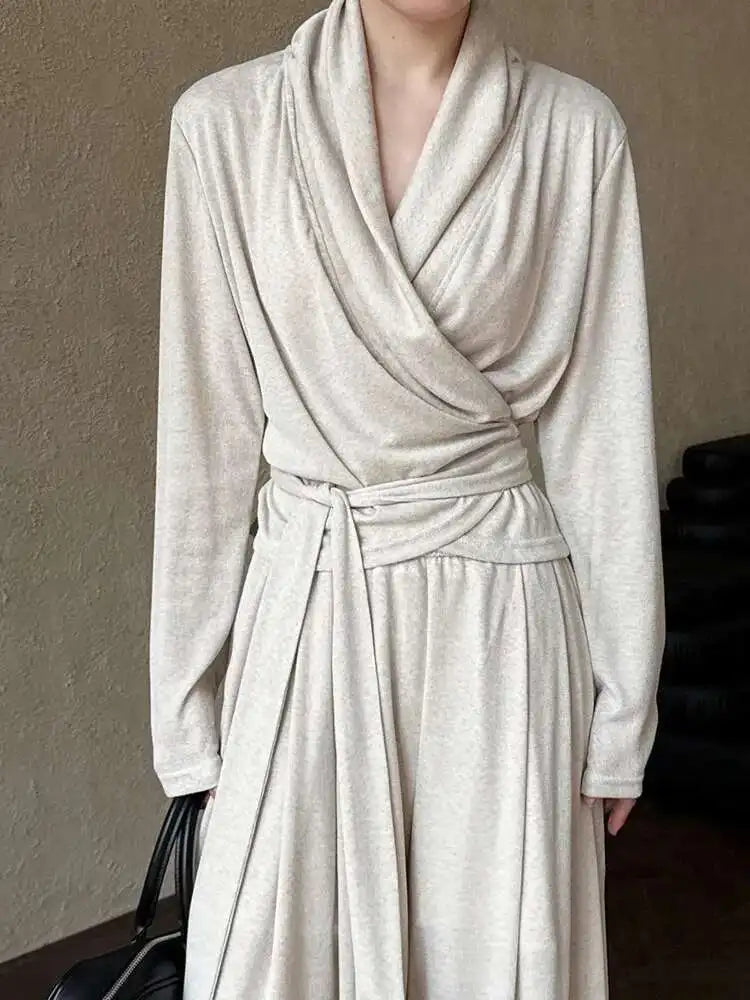 Bandage Elegant T-shirt Wide Leg Pants Two Piece Suit New V-Neck Long Sleeve Women Fashion Tide Spring Autumn 2025 1DJ0103