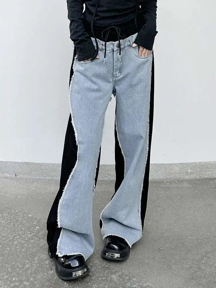 High Waist Leopard Print Denim Color-block Long Wide Leg Jeans New Women Trousers Fashion Tide Spring Autumn 2025 1DH8739
