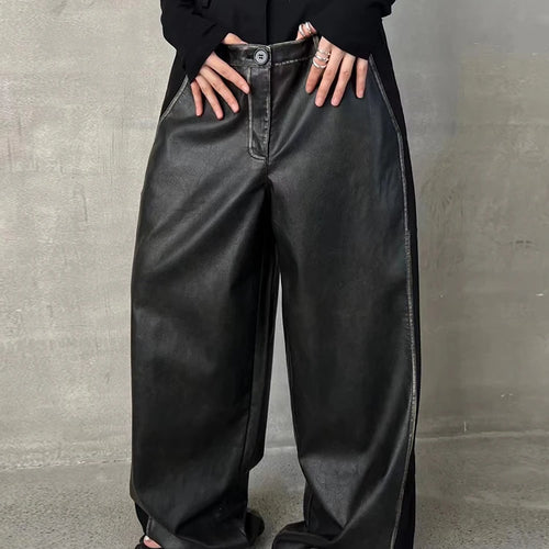Load image into Gallery viewer, Colorblock Casual Loose Patchwork Leather Pants For Women High Waist Spliced Button Vintage Wide Leg Pant Female
