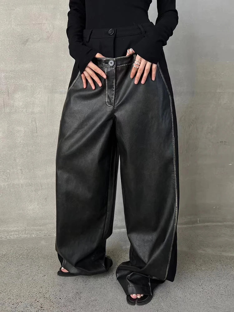 Colorblock Casual Loose Patchwork Leather Pants For Women High Waist Spliced Button Vintage Wide Leg Pant Female