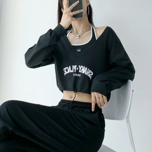 Load image into Gallery viewer, American Retro School Halter Crop T-shirt Tio Women Off Shoulder Fashion Long Sleeve Casual Tees Sexy Cropped Top
