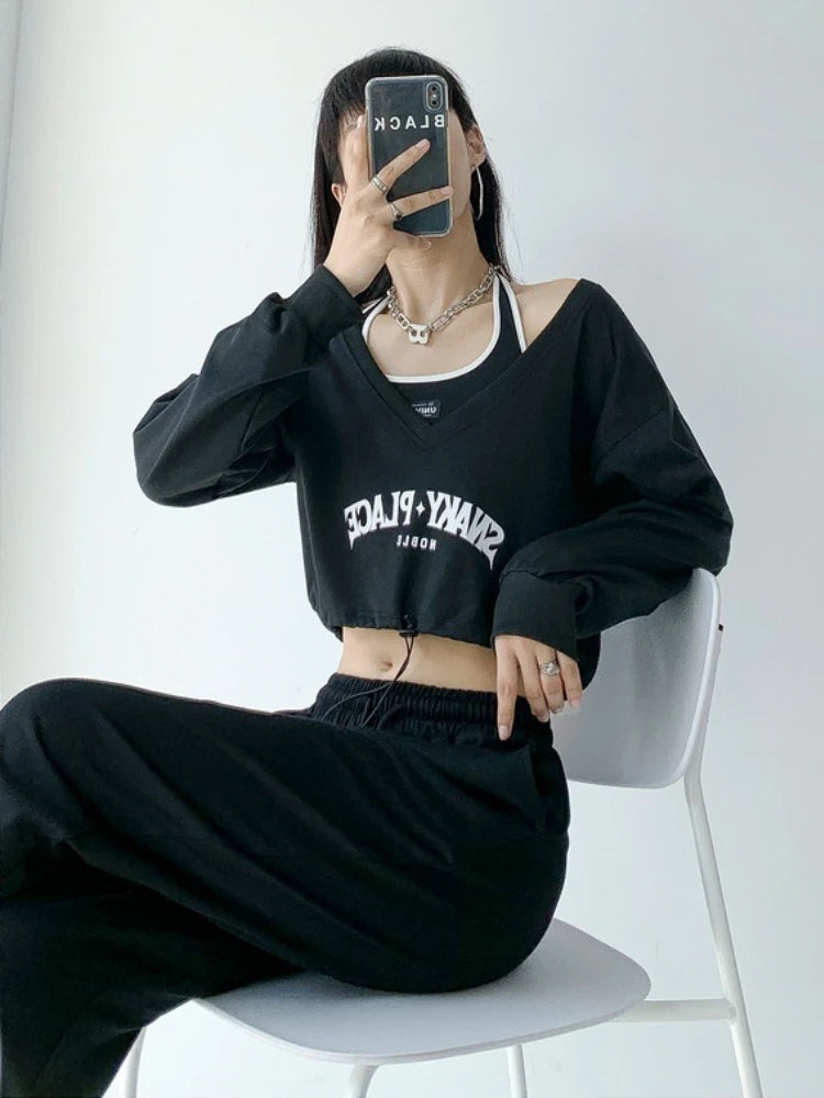 American Retro School Halter Crop T-shirt Tio Women Off Shoulder Fashion Long Sleeve Casual Tees Sexy Cropped Top