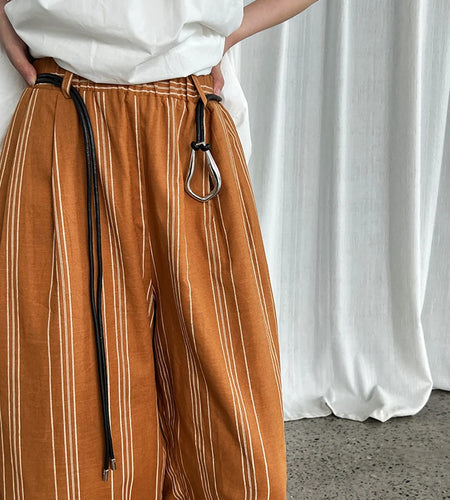 High Waist Brown Striped Linen Belted Long Wide Leg Pants New Trousers Women Fashion Tide Spring Autumn 2025 1DJ1558