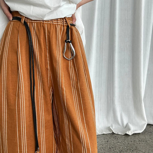 Load image into Gallery viewer, High Waist Brown Striped Linen Belted Long Wide Leg Pants New Trousers Women Fashion Tide Spring Autumn 2025 1DJ1558
