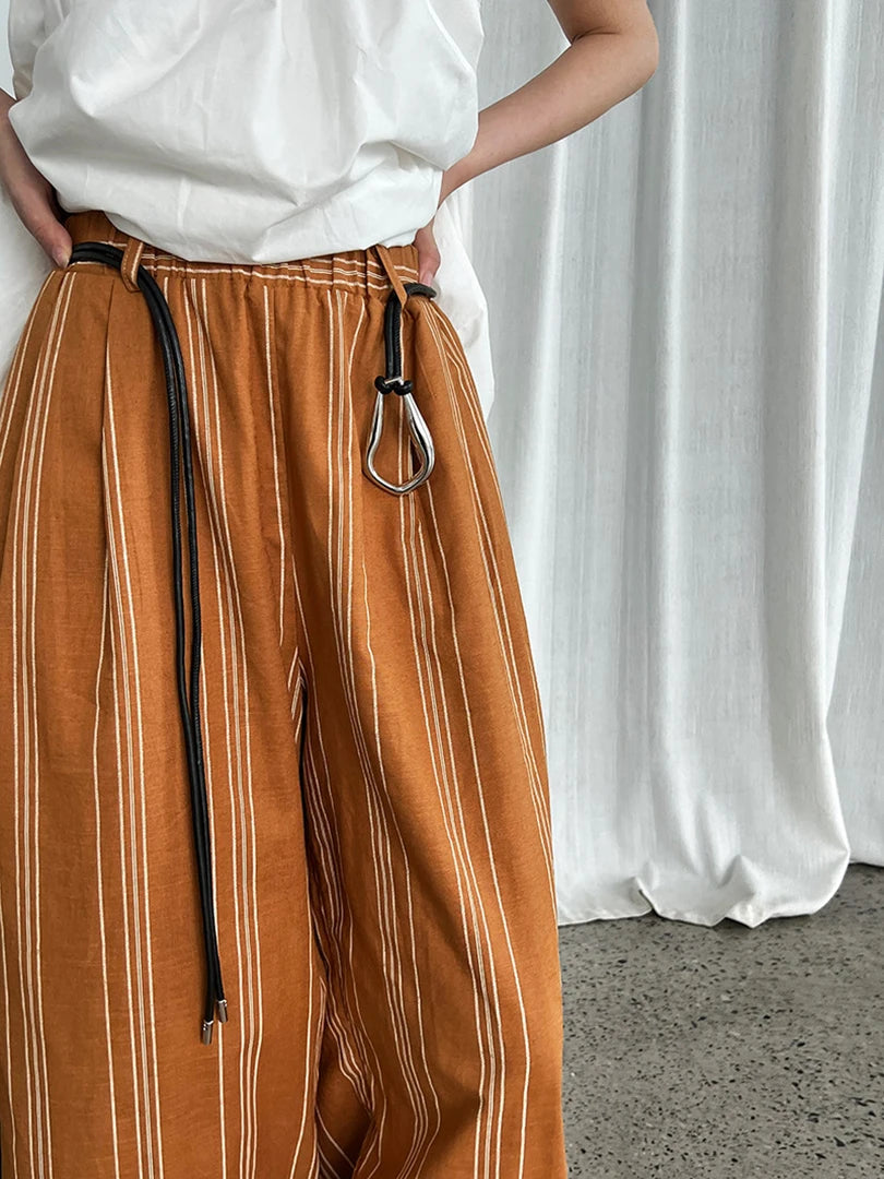 High Waist Brown Striped Linen Belted Long Wide Leg Pants New Trousers Women Fashion Tide Spring Autumn 2025 1DJ1558