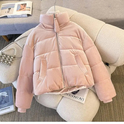 Load image into Gallery viewer, Korean Women Solid Long Sleeves Parkas Autumn Winter Warm Short Down Cotton Jacket Stand Collar Zipper Coat New Fashion Clothing
