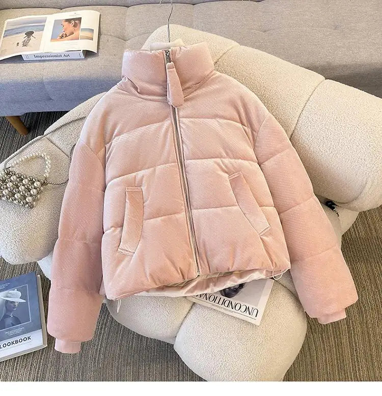 Korean Women Solid Long Sleeves Parkas Autumn Winter Warm Short Down Cotton Jacket Stand Collar Zipper Coat New Fashion Clothing