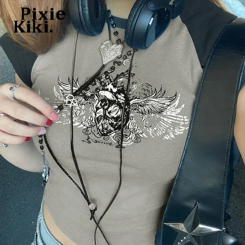 Y2k Tee Shirt Fairy Grunge Wings Print Raglan Sleeves 90s Crop Tops Graphic T Shirts Streetwear Women Vintage P77-AI10