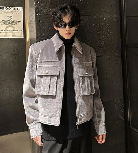 Three Dimensional Pocket Jacket Men's Turn-down Collar Niche Design Solid Color Stylish Men Clothing Male Winter 9C9034