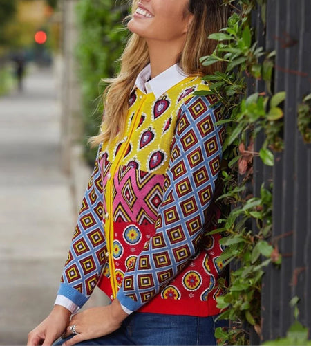 Brand Designer Women's Cardigan 2023 Vintage Contrast Geometric Heart Single Breasted Round Neck Open Stitch Cardigan C-107