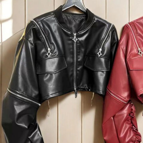 Load image into Gallery viewer, 2025 Y2k Aesthetic PU Leather Jacket Womens Streetwear Pleated Grunge Solid Jackets Loose Harajuku Zipper Female Punk Crop Coat
