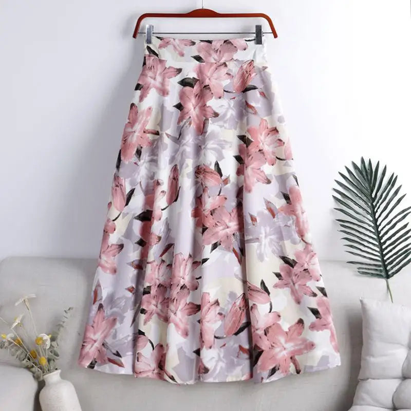 Chiffon Print Dot Skirts Womens High Waist All-match Summer Medium Long  A-line Skirt Female Office Lady Pleated Skirt Elegant