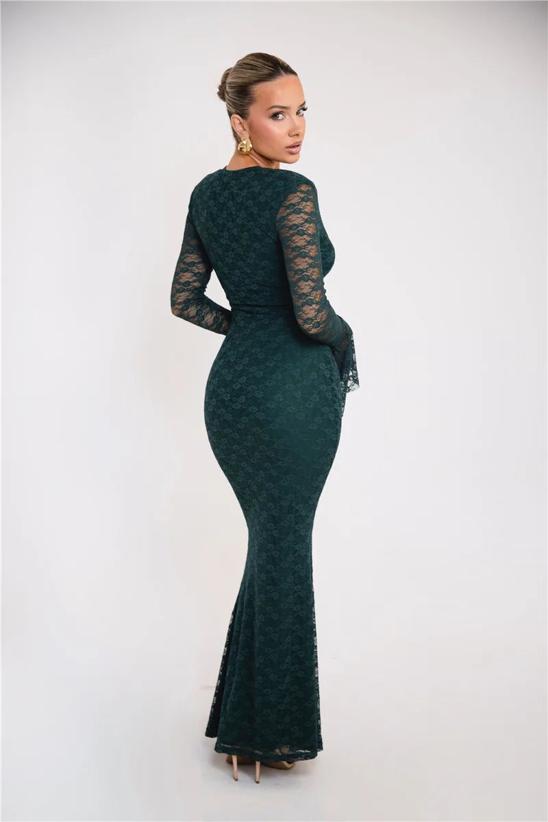 Elegant Lace Long Sleeve Sexy Maxi Dress For Women Fashion Deep V Neck Bodycon Party Club Sexy Long Dress Fashion