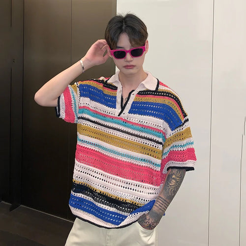 Load image into Gallery viewer, Loose Korean Style Men&#39;s Short Sleeve T-shirt Knittting Contrast Color Male Lapel Casual Men Wear Stripe Top Summer
