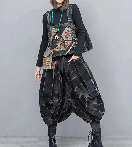 High Waist Blue Black Denim Color-block Casual Cross Jeans New Women Trousers Fashion Tide Spring Autumn 2025 1DH9616