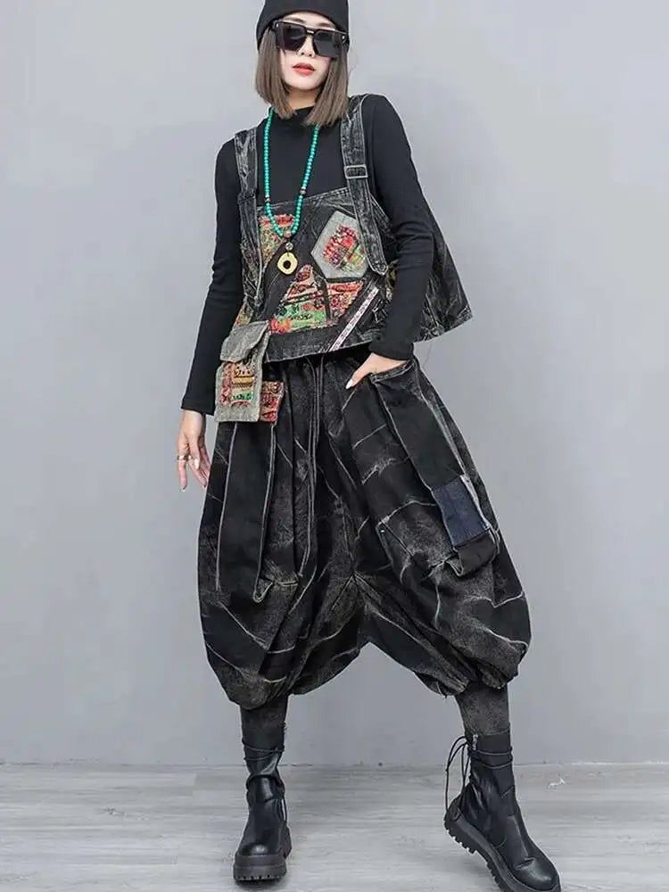 High Waist Blue Black Denim Color-block Casual Cross Jeans New Women Trousers Fashion Tide Spring Autumn 2025 1DH9616