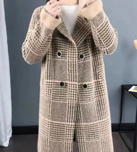 Autumn And Winter 2023 Women's Medium Long Thick Square Plaid Woolen Coat Trend Fashionable Korean Long Sleeve Warm Overcoat New