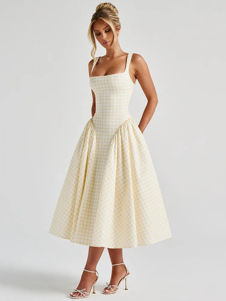 Plaid Printed Maxi Dress For Women Gown Summer New Spaghetti Strap High Waist A-line Backless Club Long Dress Vestido