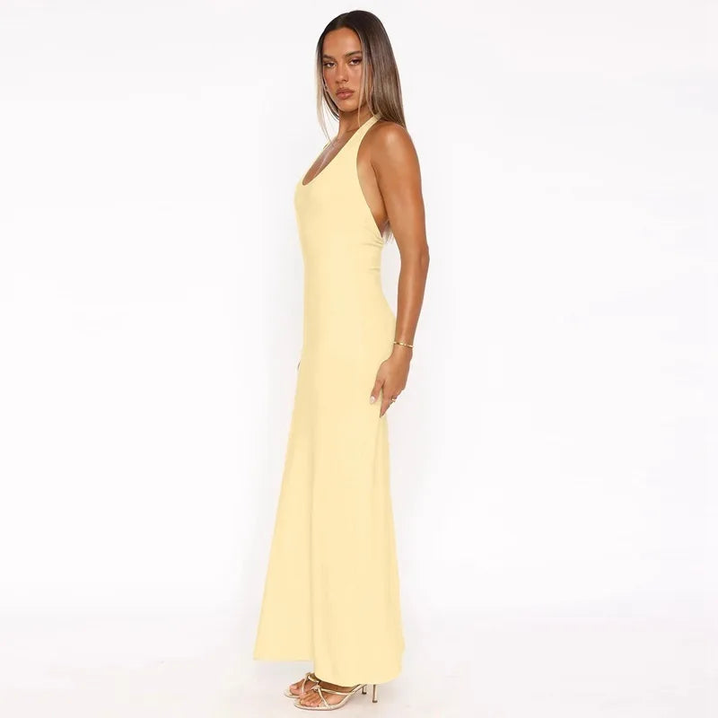 Halter Backless Sexy Maxi Dress Women Gown Summer New Solid U Neck Sleeveless High Waist Long Dress Elegant 2025