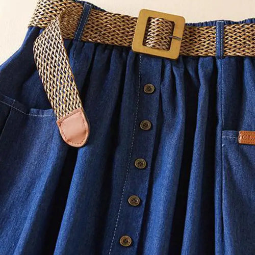 Load image into Gallery viewer, Denim Skirt Women Summer A-line High Waist Medium Length Belt Lace Up 2022 Knee Length Young Beautiful Casual Skirts Female
