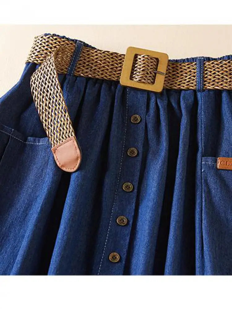 Denim Skirt Women Summer A-line High Waist Medium Length Belt Lace Up 2022 Knee Length Young Beautiful Casual Skirts Female