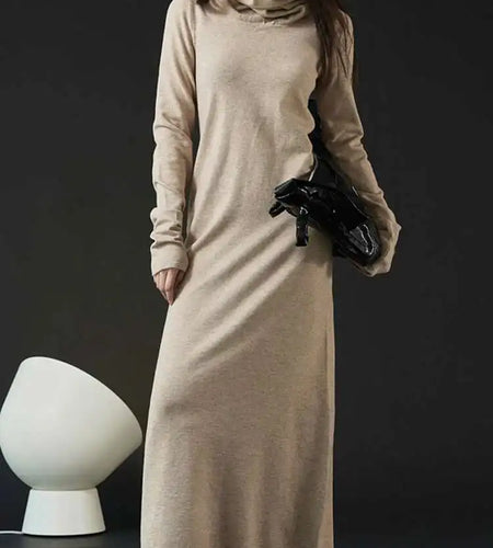 Women Oat Color Knitting Ankle Length Dress New Hooded Long Sleeve Loose Fit Fashion Tide Spring Autumn 2025 1DH3764