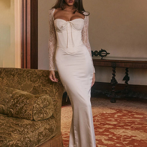 Load image into Gallery viewer, Lace Long Sleeve Sexy Maxi Dress For Women White Square Collar Backless Back Split Bodycon Club Party Long Dress
