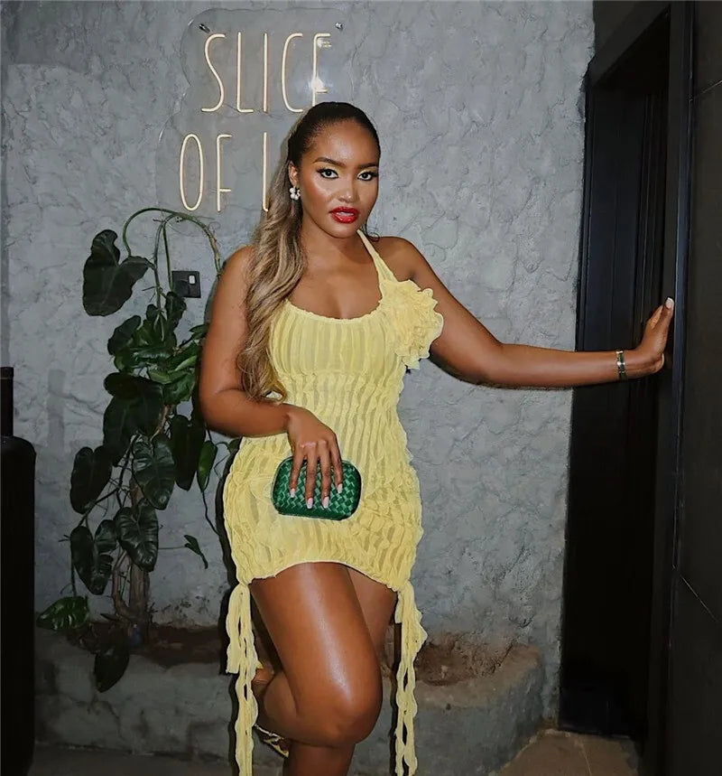 Halter Floral Pleated Sexy Mini Dress For Women Robe Fashion Sleeveless Backless Draped Club Party Dress Elegant