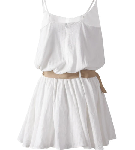 Women White Belted Elegant Spaghetti Strap Mini Dress New Round Neck Sleeveless Fashion Tide Spring Summer 2025 CPG3145