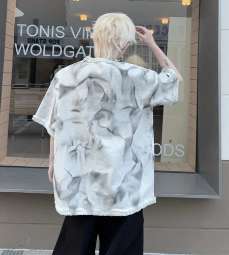 Men's Short Sleeve T-shirt New Summer Round Neck Spray Painted Metal Edge Decoration Male T-shirts Tie-dyed Top 9W1502