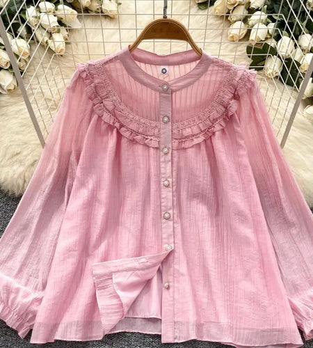 Vintage Sweet Solid Elegant Ruffle Edge Lace Tops Women Autumn New Round Neck Versatile Long Sleeved Single Breasted Shirt Trend