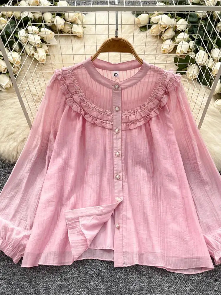 Vintage Sweet Solid Elegant Ruffle Edge Lace Tops Women Autumn New Round Neck Versatile Long Sleeved Single Breasted Shirt Trend