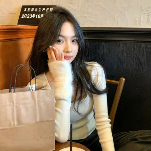 Load image into Gallery viewer, Harajuku Knitted Patchwork Fur Sweet Crop T-Shirts Women Slim Fit Y2k Aesthetic Tees Autumn Vintage Grunge Bottoming Tshirts
