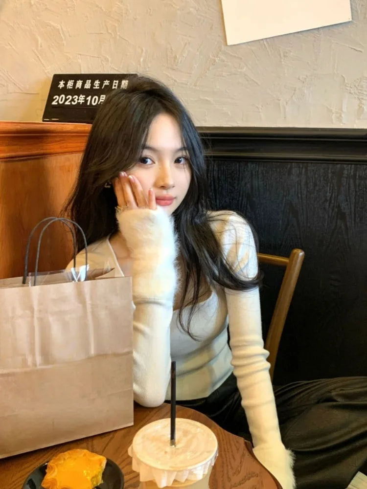 Harajuku Knitted Patchwork Fur Sweet Crop T-Shirts Women Slim Fit Y2k Aesthetic Tees Autumn Vintage Grunge Bottoming Tshirts