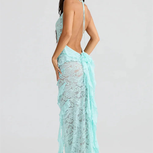 Load image into Gallery viewer, Lace Backless Sexy Maxi Dress Women Gown Halter Lace-up Sleeveless Bodycon Elegant Ruffle Beach Club Long Dress 2025
