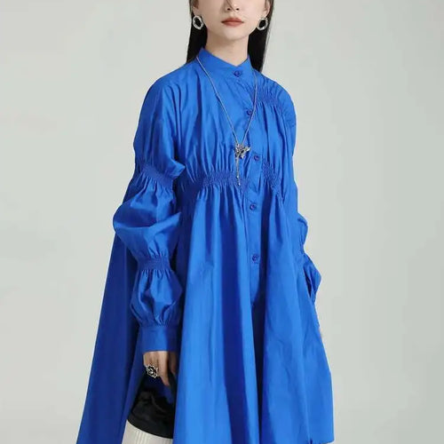 Load image into Gallery viewer, Women Blue Irregular Pleated Big Hem Shirt Dress New Stand Neck Long Sleeve Loose Fashion Tide Spring Autumn 2025 1DF9549
