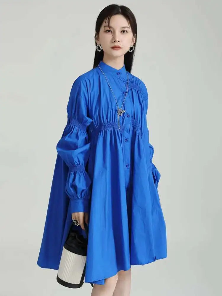 Women Blue Irregular Pleated Big Hem Shirt Dress New Stand Neck Long Sleeve Loose Fashion Tide Spring Autumn 2025 1DF9549