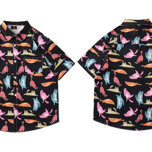 Load image into Gallery viewer, Hawaiian Shirts Streetwear Funny Cartoon Cat Graphic Printed Button Blouse Hip Hop Harajuku Baggy Short Sleeve Summer Beach Tops
