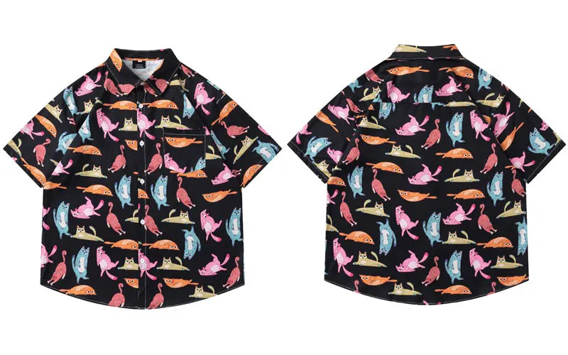Hawaiian Shirts Streetwear Funny Cartoon Cat Graphic Printed Button Blouse Hip Hop Harajuku Baggy Short Sleeve Summer Beach Tops