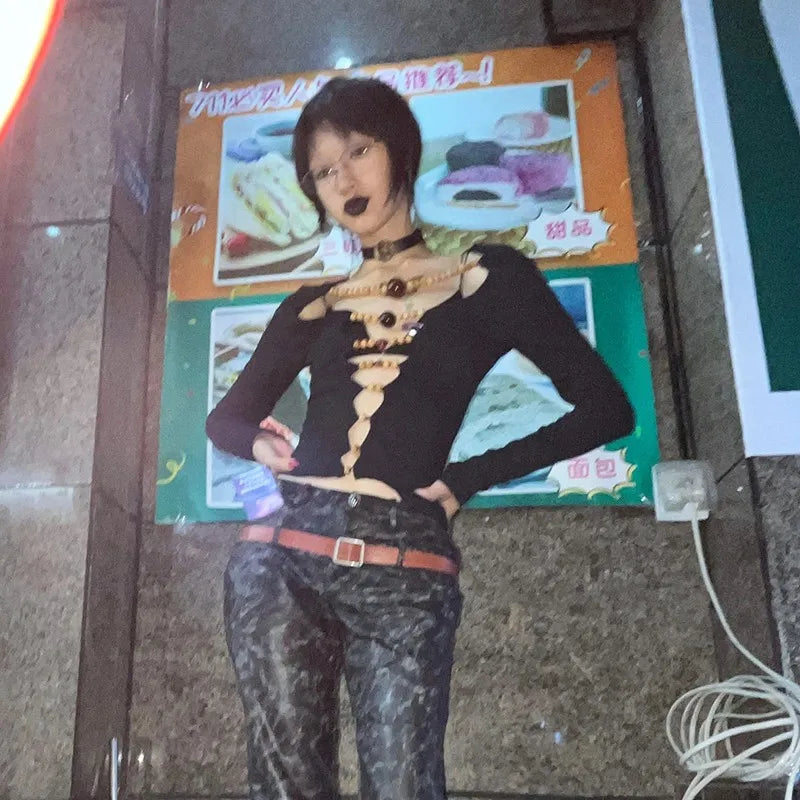 Japanese Y2k Hollow Out Tops Vintage Harajuku Beaded T Shirt 2000s Aesthetics Long Sleeve Slim T-shirts American Retro